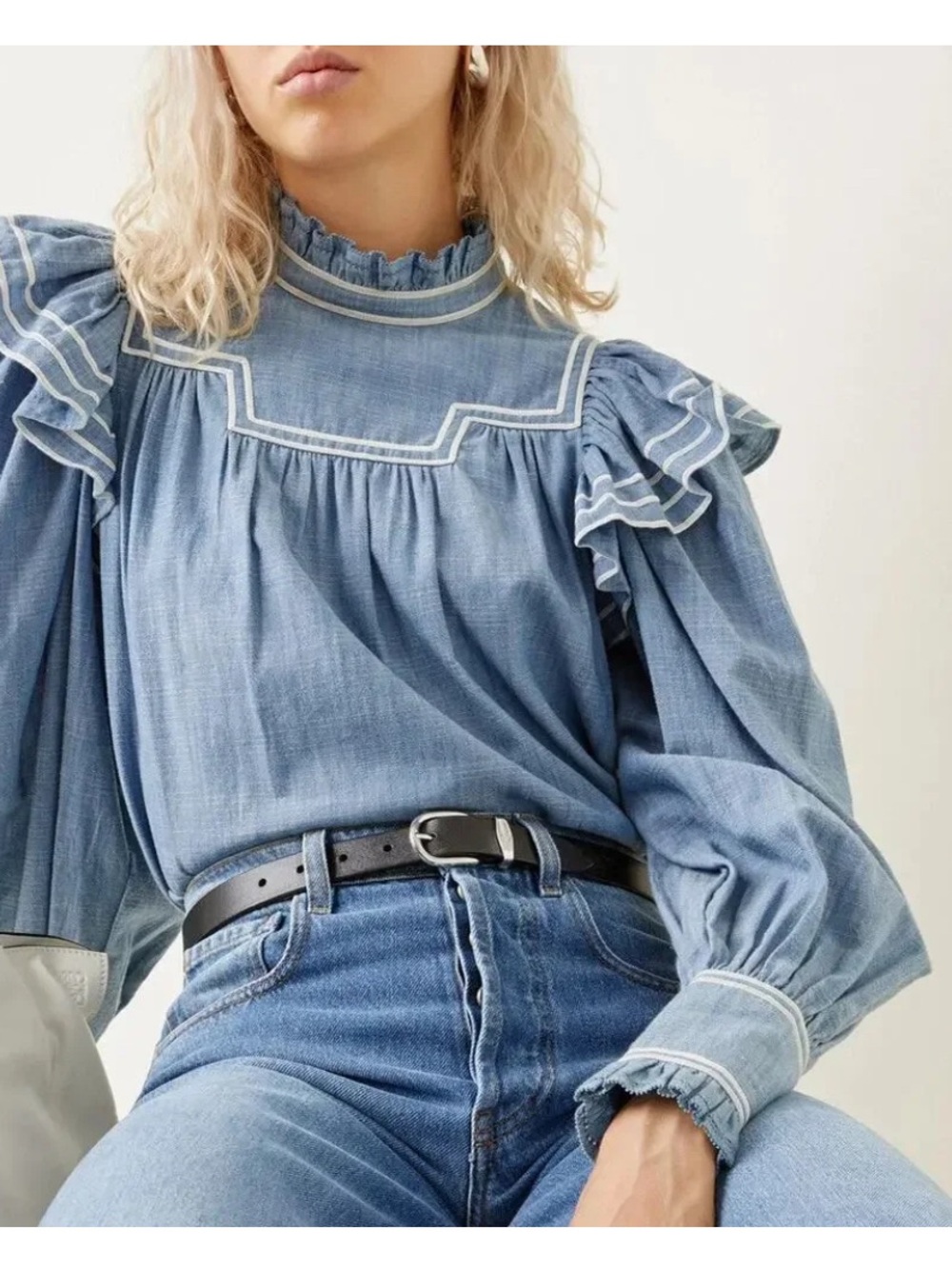 Ulla Johnson Ester Chambray Blue Ruffled Blouse w/ Velvet Trim Size 2